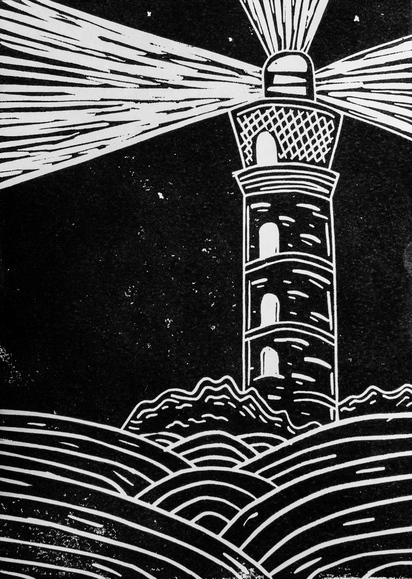 linocut of lighthouse